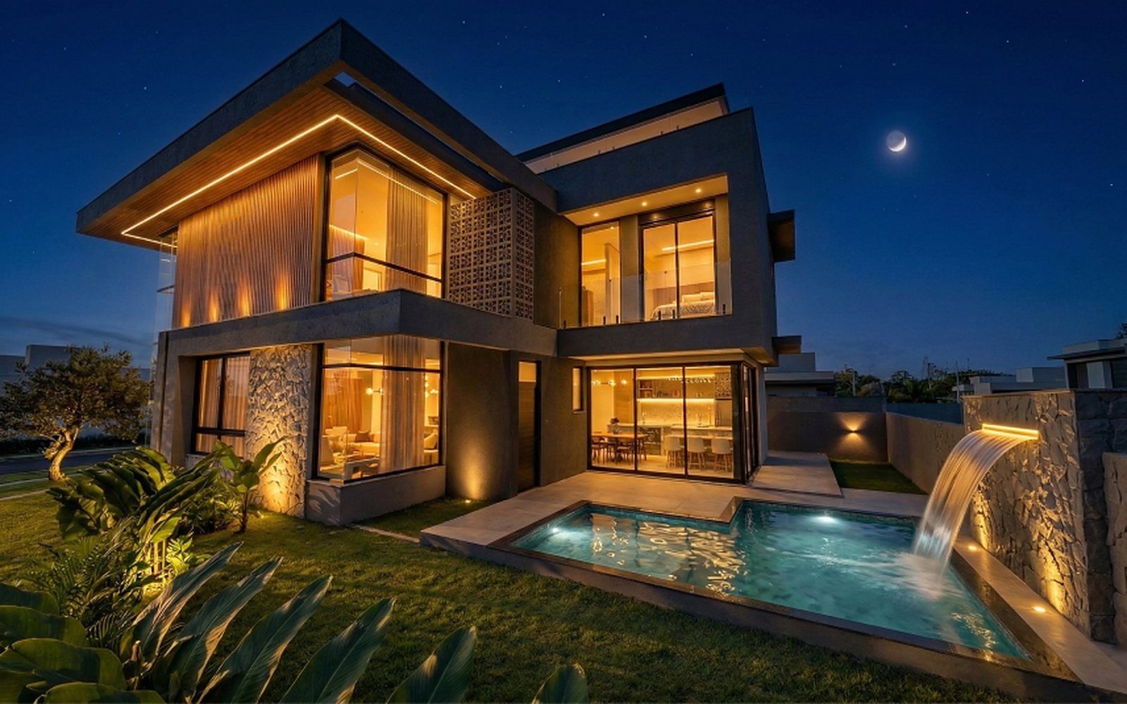 Residência contemporânea ao anoitecer, com piscina e cascata em pedra