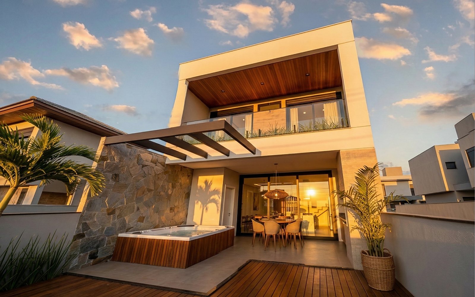 Área externa com deck de madeira, spa e pergolado ao pôr do sol