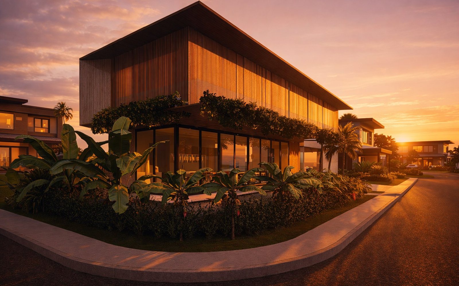 Casa com volume revestido em madeira e jardim tropical ao pôr do sol